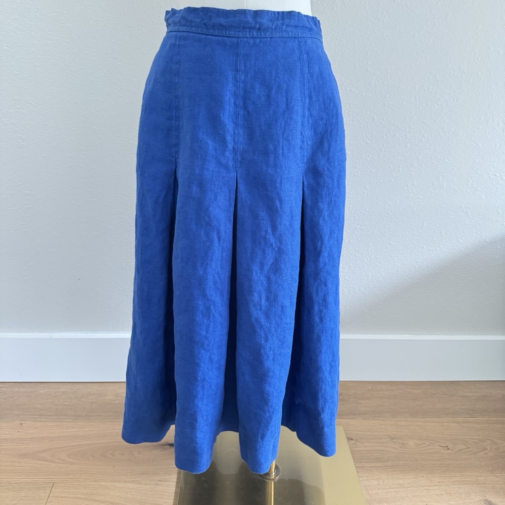 Vtg Liz Claiborne Pleated 100% Linen Skirt 12 Royal Blue Boho Coastal Nautical